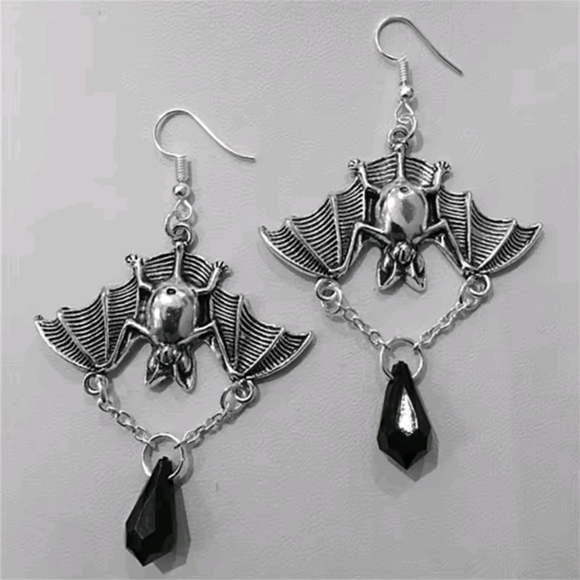 Silver and Black Bat Earrings - Picture 2 of 4